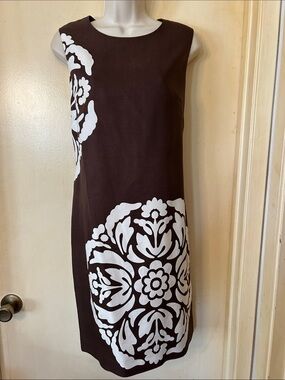 Just...Taylor Brown Silk/Linen Dress with White Floral Medallion size 12